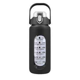 64Oz Glass Water Bottle Sports Water Bottle Motivational Water Bottle Water Intake Tracker Bottle with Straw Time Marker Silicone Sleeve Handle f (Color: Black, size: 64oz)